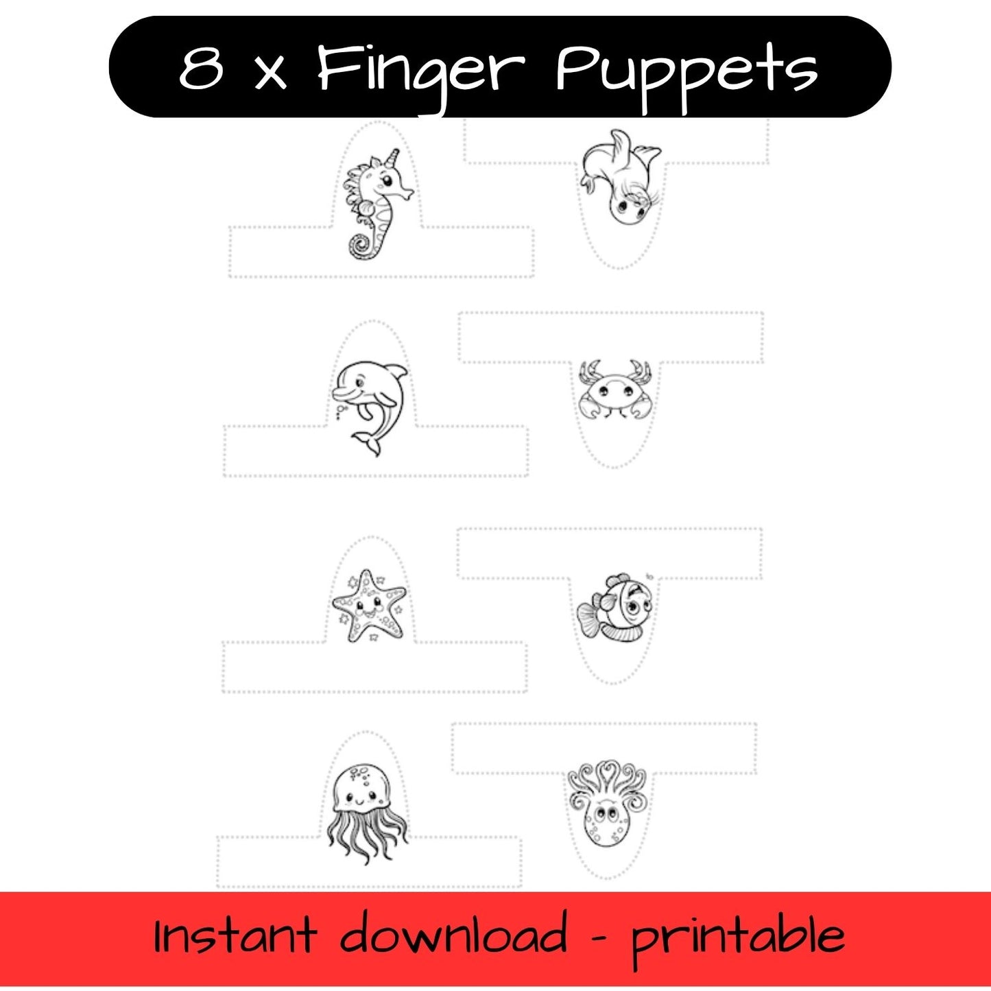 Printable Ocean Animals finger puppets - colouring, pretend play