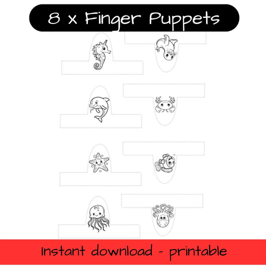 Printable Ocean Animals finger puppets - colouring, pretend play