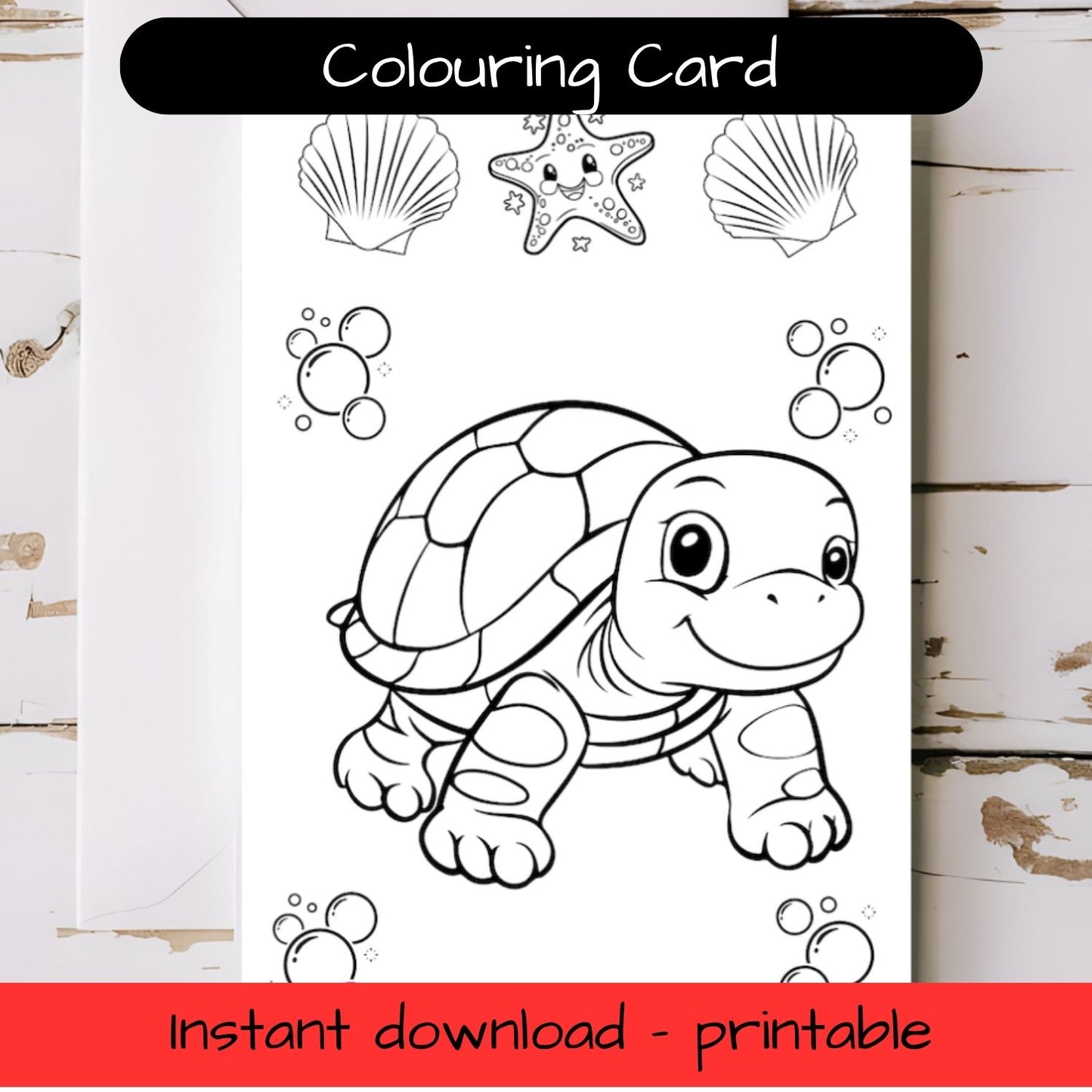 Turtle greeting card with envelope - printable