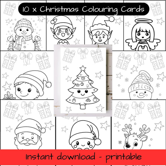 10 x Christmas greeting cards with envelopes - colouring in, printable