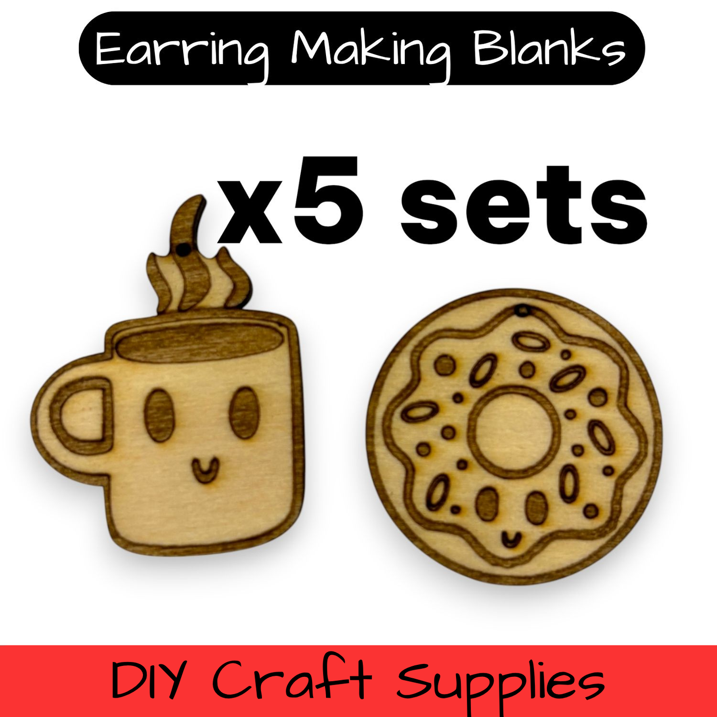 Wooden Food Earring Blanks for DIY Jewellery Making, dangles - 10pc Laser Cut Pieces