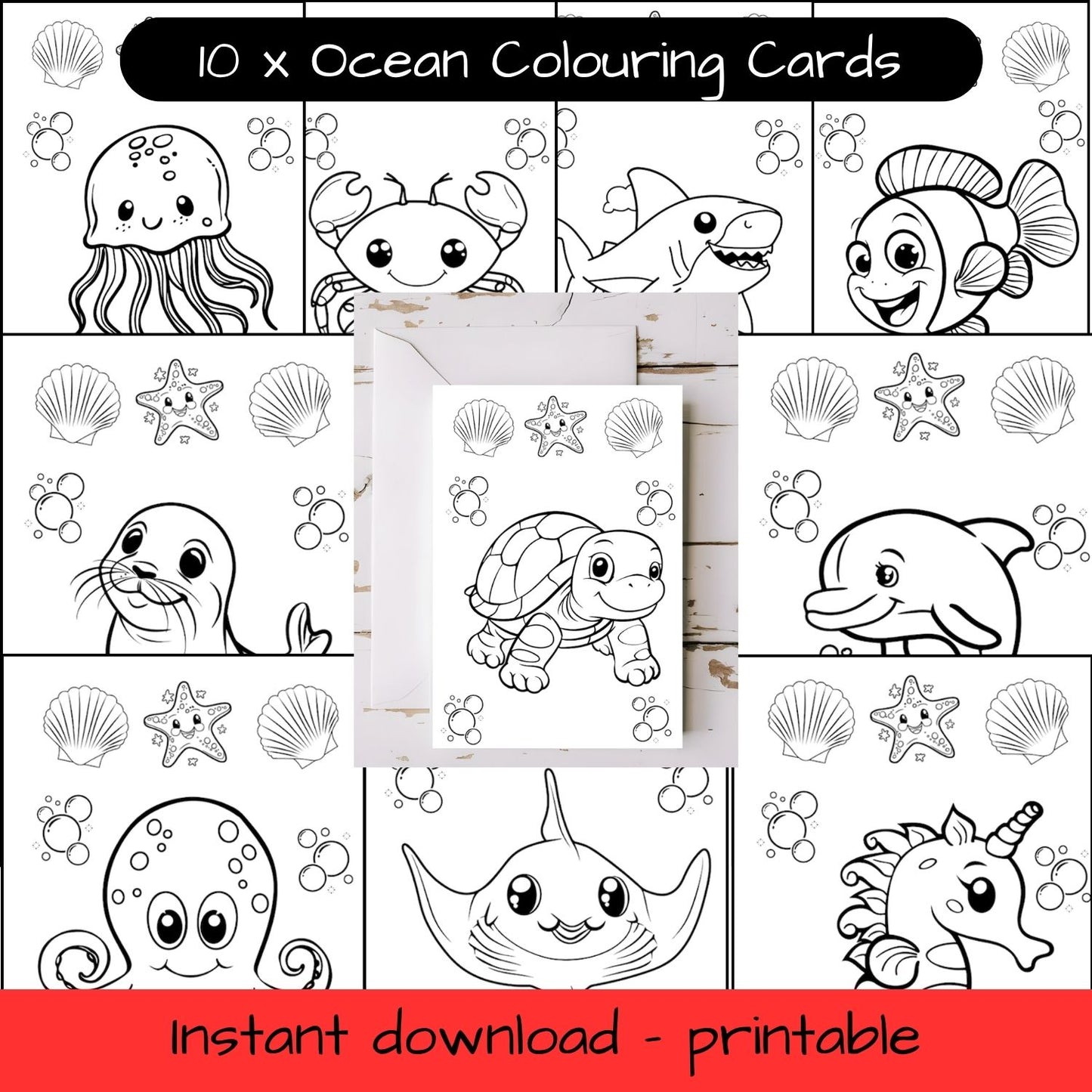 Ocean animals greeting cards x 10 with envelopes - printable