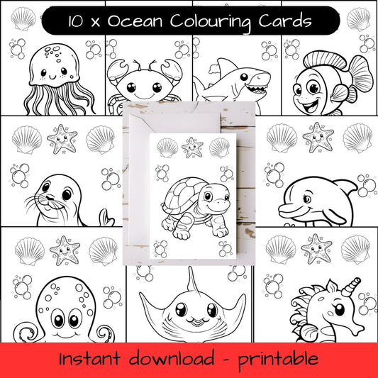 10 x Ocean animals greeting cards with envelopes - printable