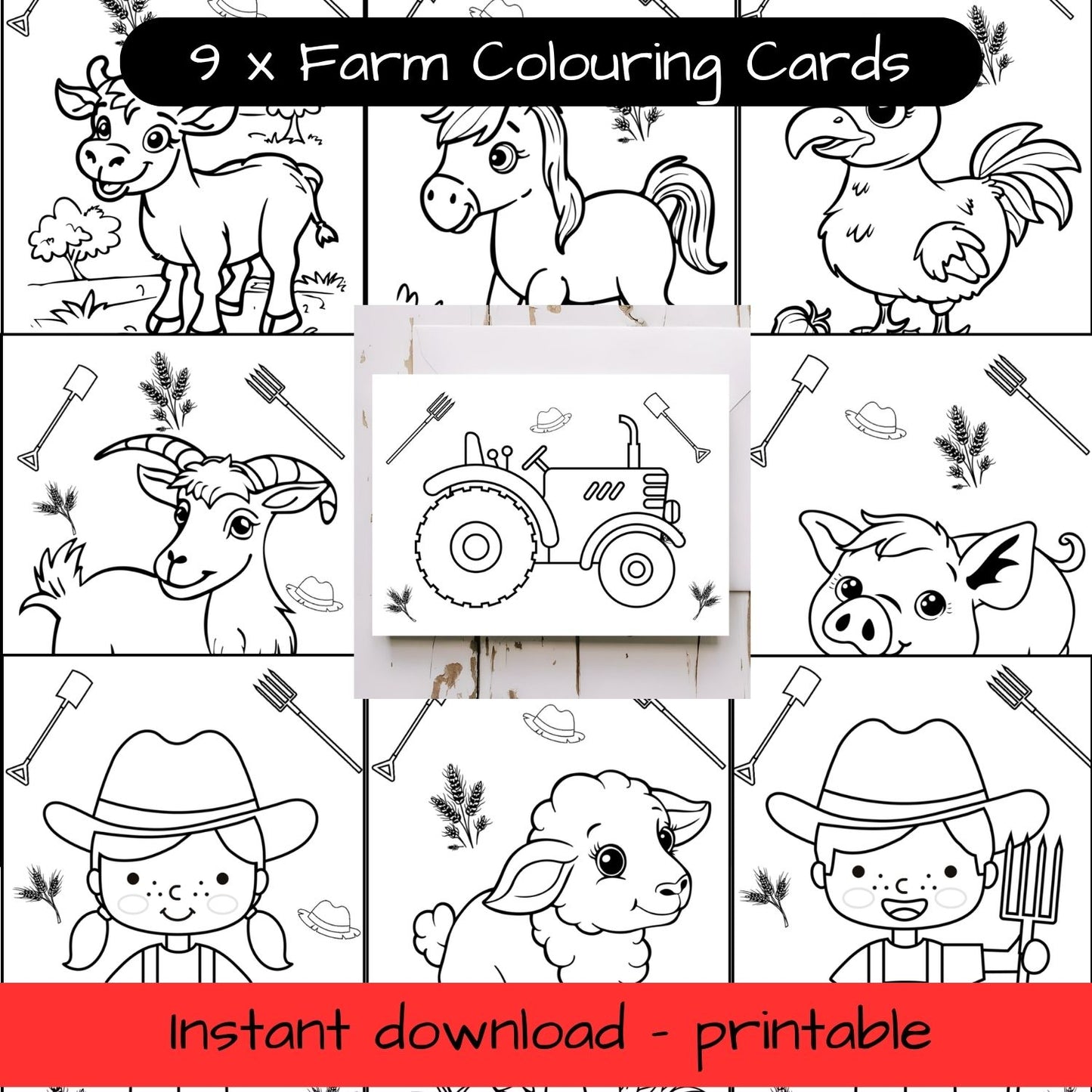 9 x Farm animals greeting cards with envelopes - printable