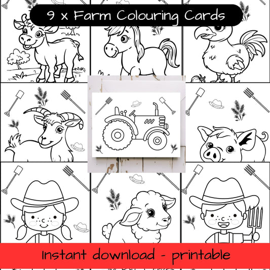 9 x Farm animals greeting cards with envelopes - printable