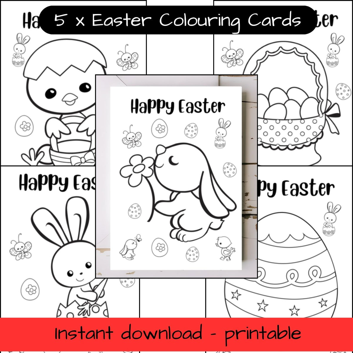 Easter greeting cards x 5 with envelopes- colouring in printable