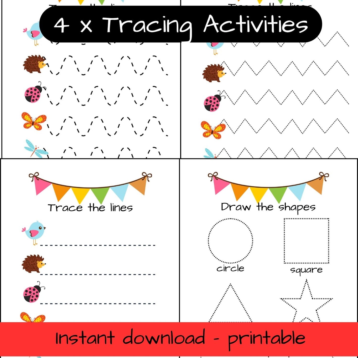 Printable Woodland Animal activity sheets - trace the lines / shapes