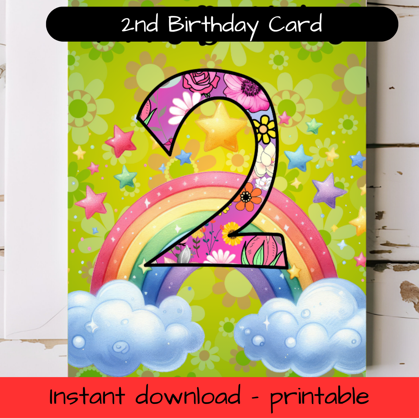 Birthday Greeting card with envelope - 2 years old - printable
