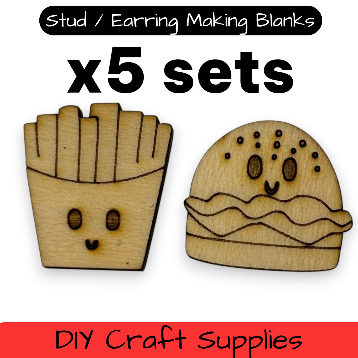Wooden Food Earring Blanks for DIY Jewellery Making, scrapbooking - Studs - 10pc Laser Cut Pieces