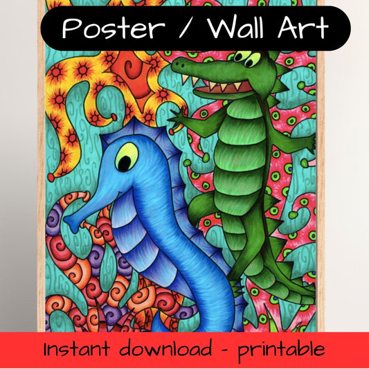 Printable kids wall art - crocodile and seahorse