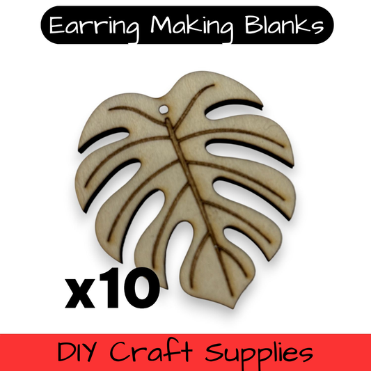 Wooden Monstera Leaf Earring Blanks for DIY Jewellery Making, dangles - 10pc Laser Cut Pieces