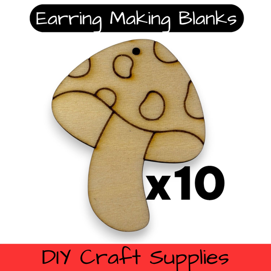 Wooden Mushroom Earring Blanks for DIY Jewellery Making, dangles - 10pc Laser Cut Pieces