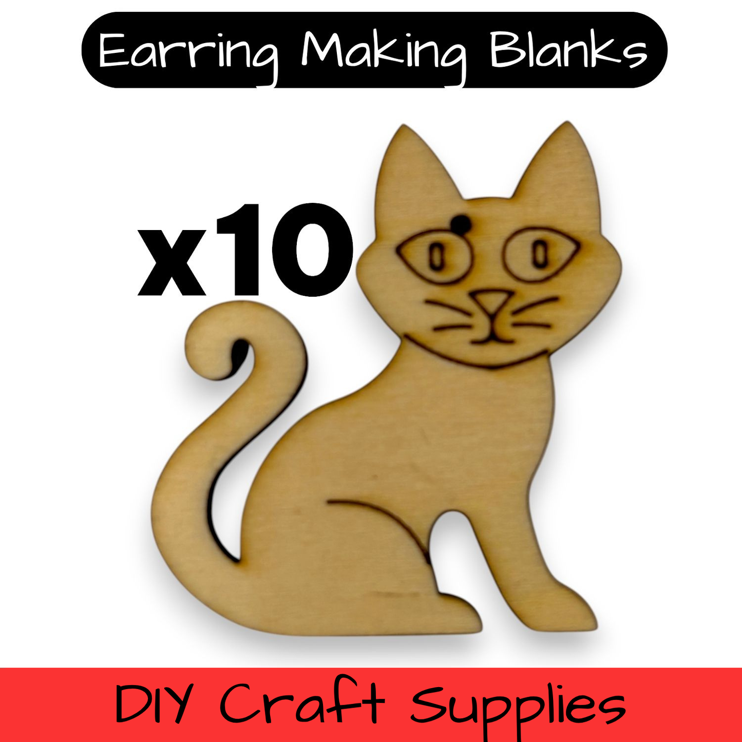 Wooden Cat Earring Blanks for DIY Jewellery Making, dangles - 10pc Laser Cut Pieces