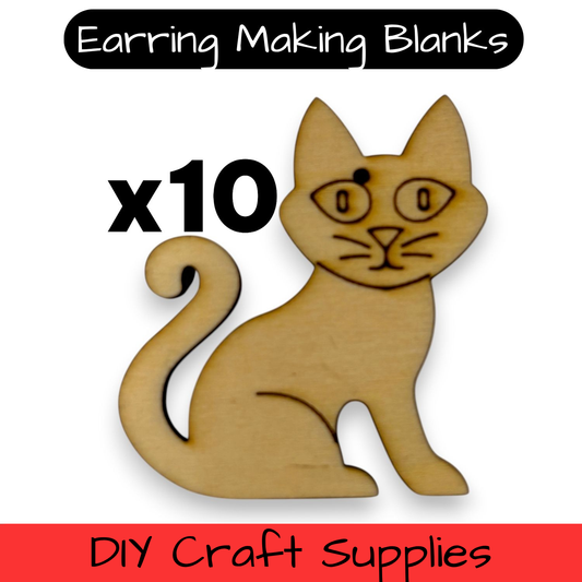 Wooden Cat Earring Blanks for DIY Jewellery Making, dangles - 10pc Laser Cut Pieces