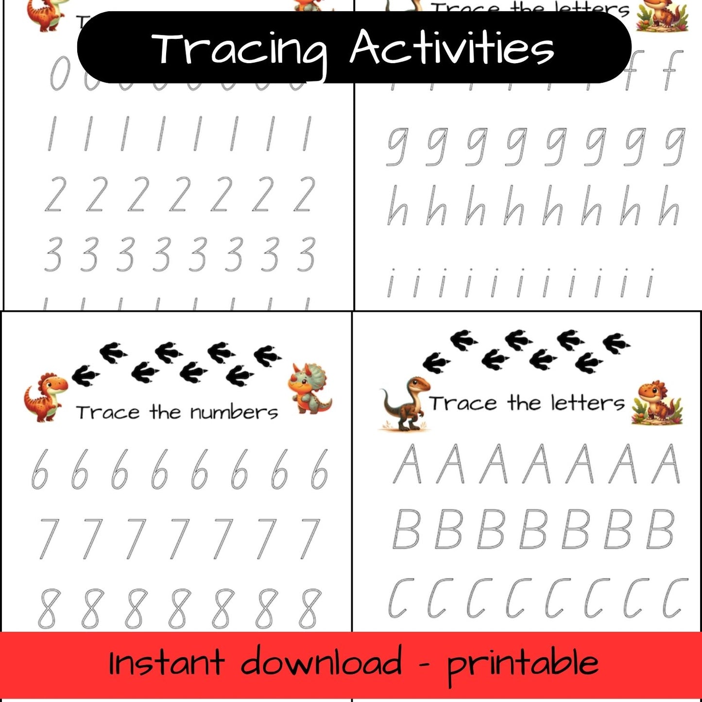 Printable Dinosaur activity sheets - alphabet and numbers