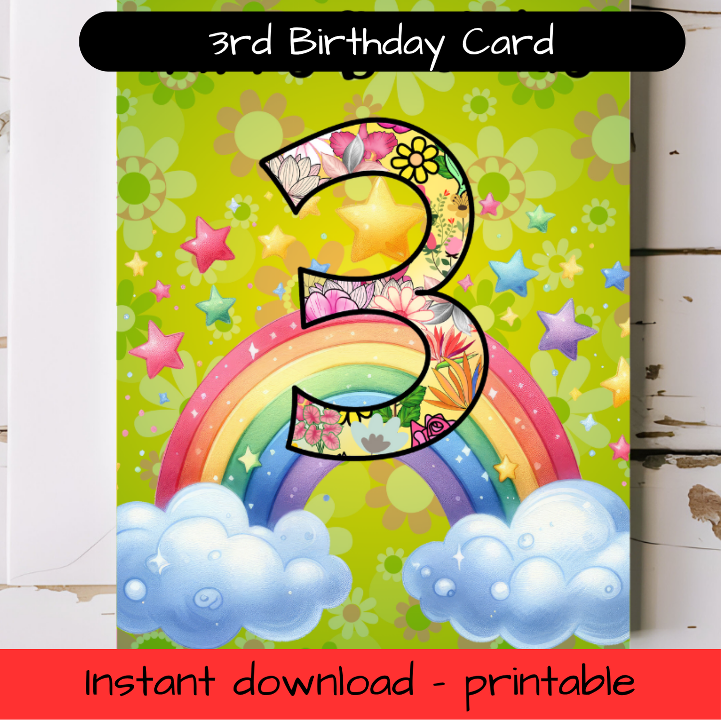 Birthday Greeting card with envelope - 3 years old - printable