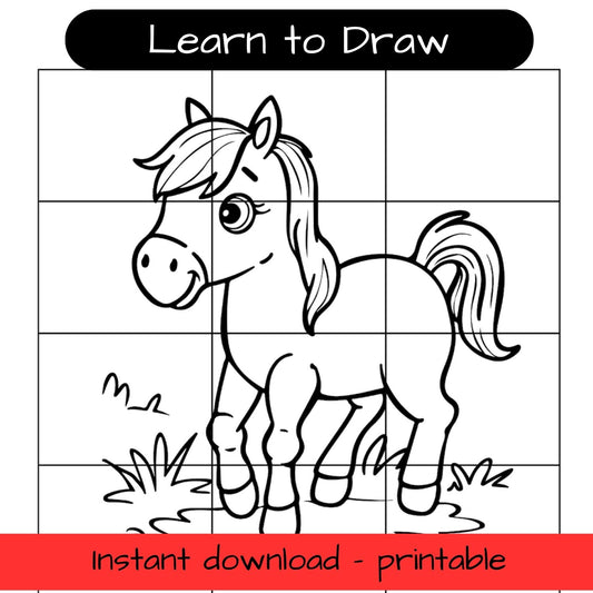 Learn to Draw - Horse - printable grid drawing activity