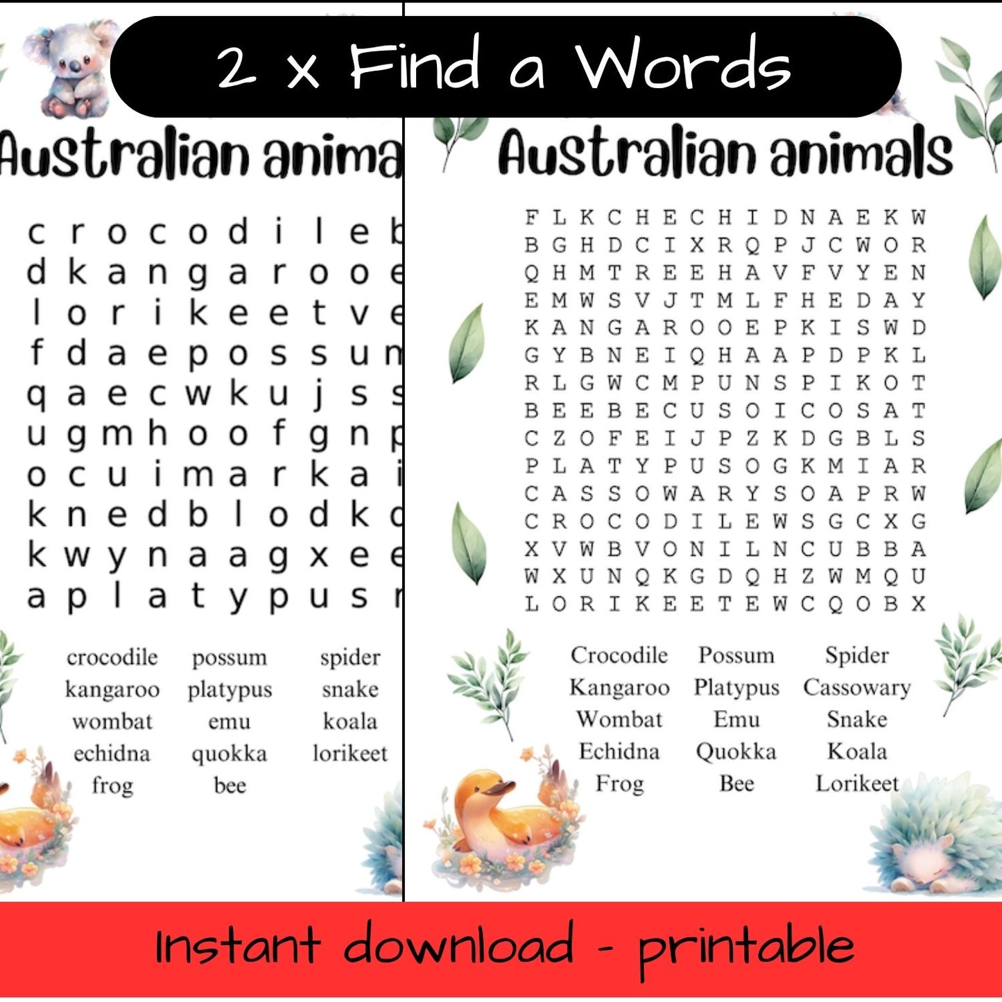Printable Australian animal word search / find a word