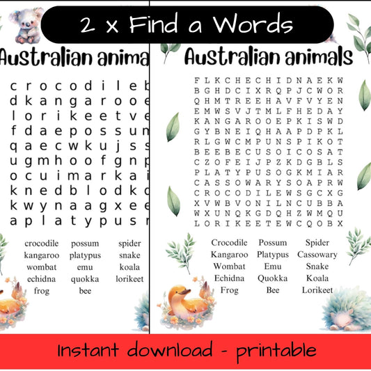 Printable Australian animal word search / find a word