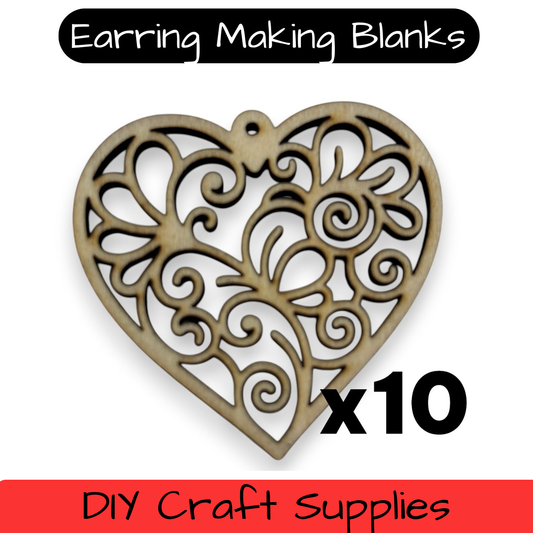 Wooden Heart Earring Blanks for DIY Jewellery Making, dangles - 10pc Laser Cut Pieces
