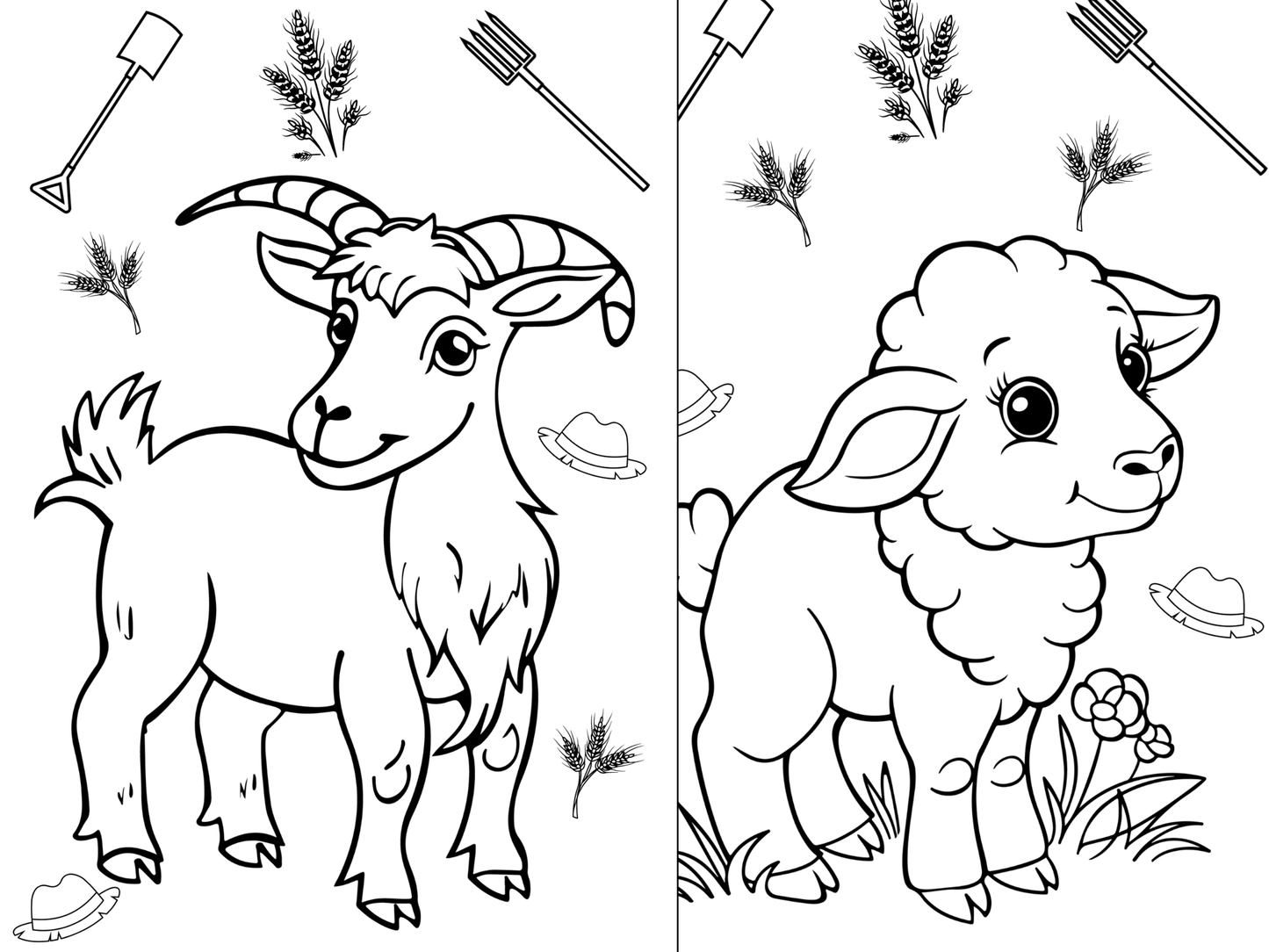 Printable colouring in pages x10 - farm animals