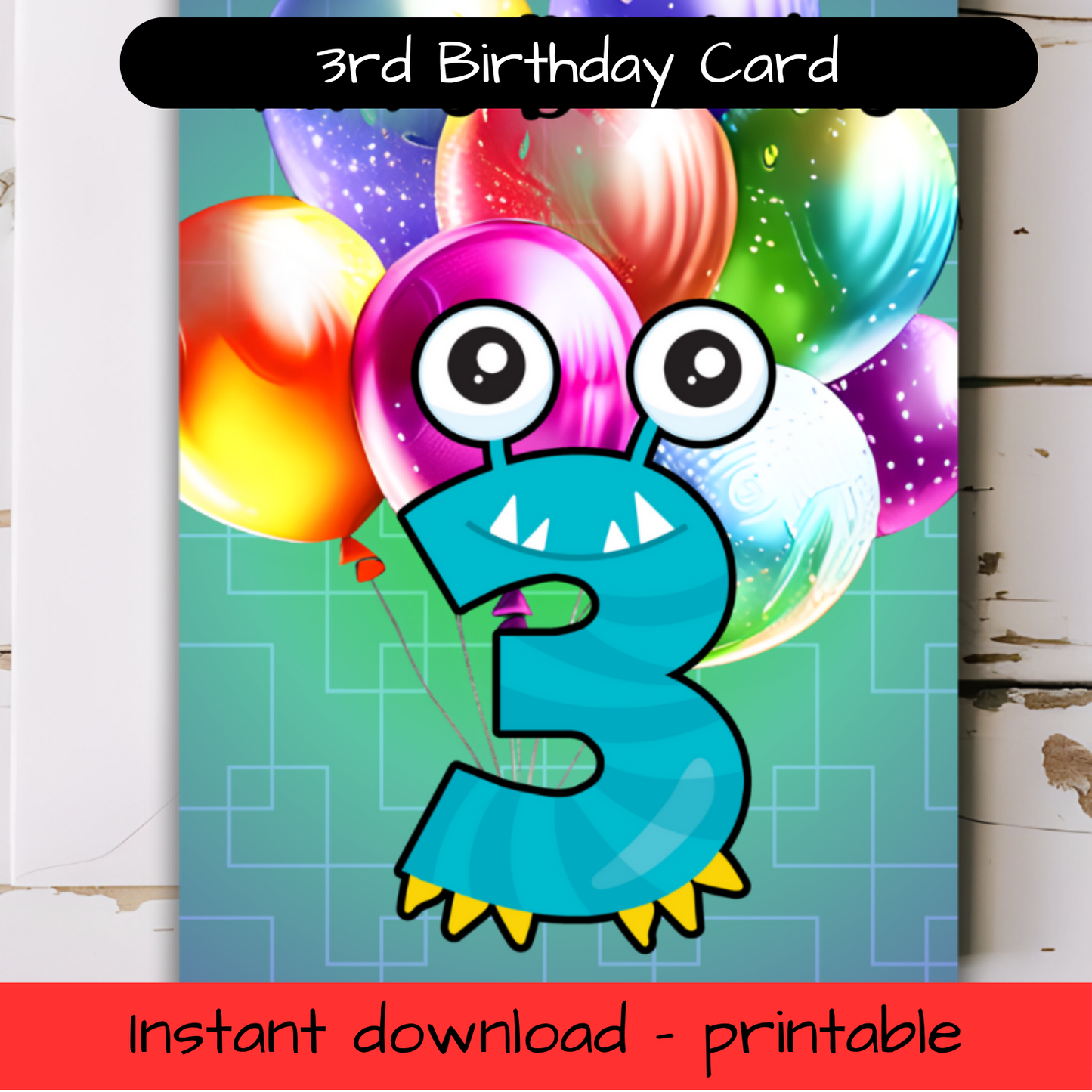 Birthday Greeting card with envelope - 3 years old - printable