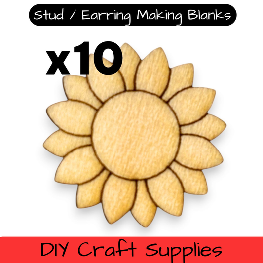 Wooden Flower Earring Blanks for DIY Jewellery Making, scrapbooking - Studs - 10pc Laser Cut Pieces