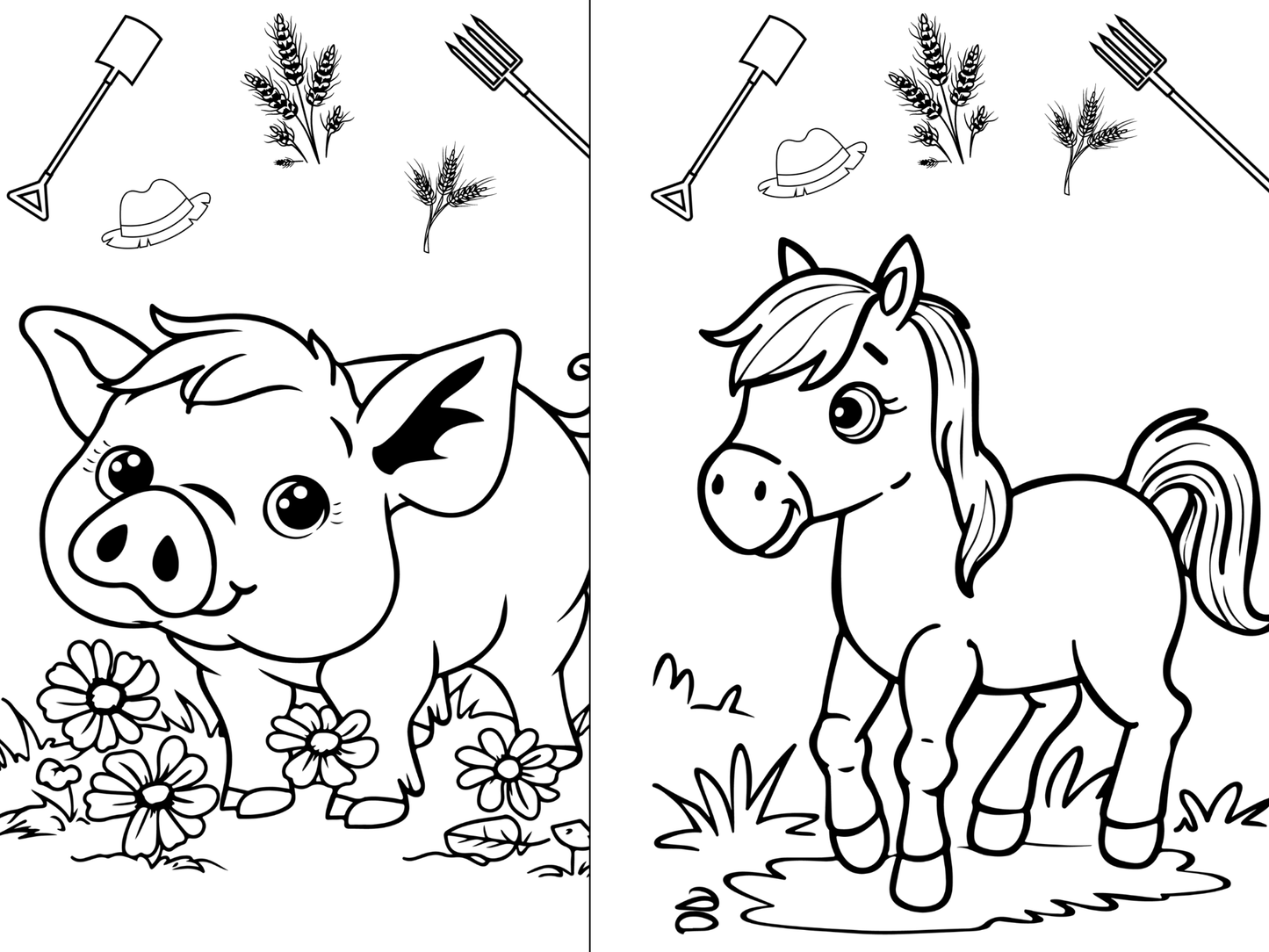 Printable colouring in pages x10 - farm animals