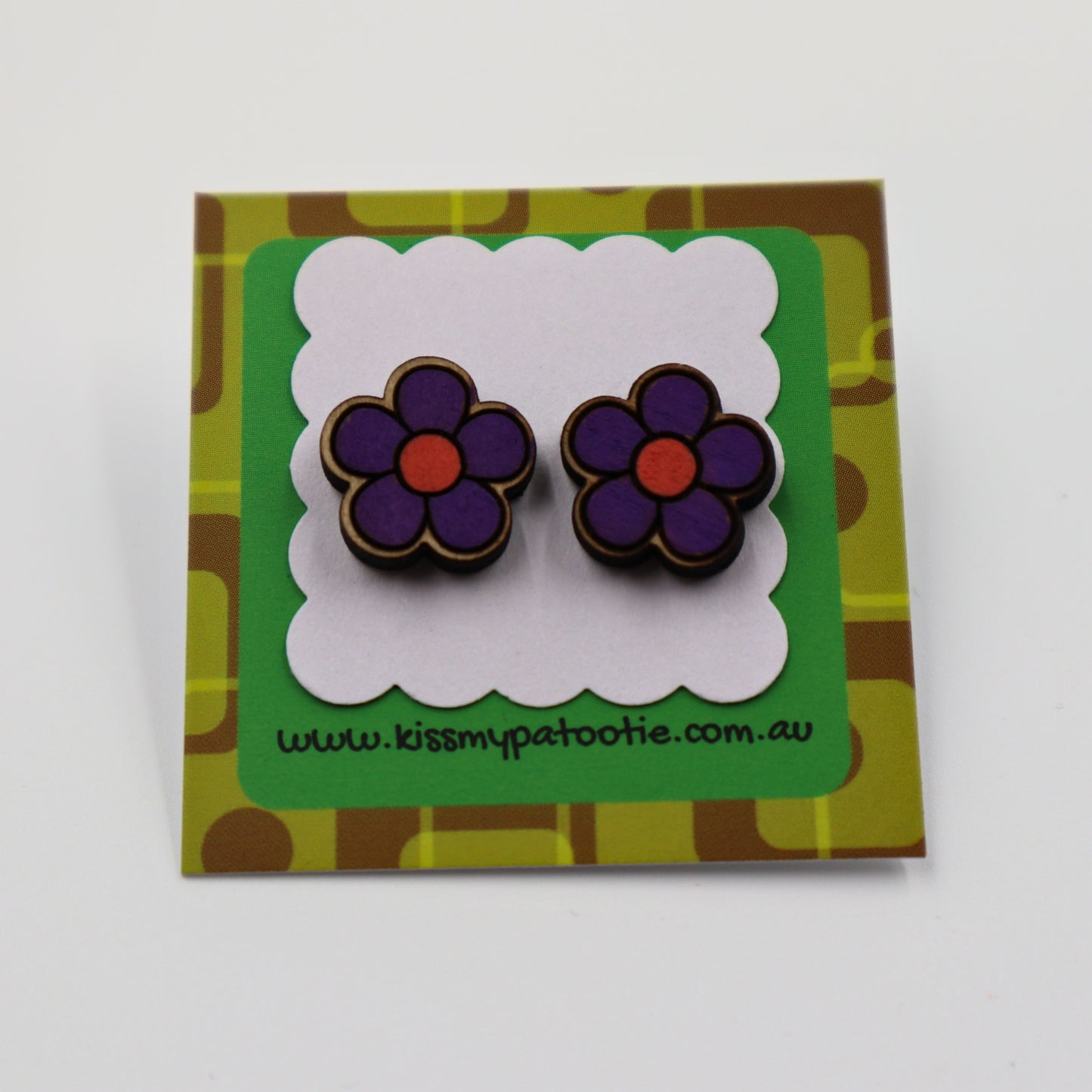 Purple flower wood earrings - hand painted