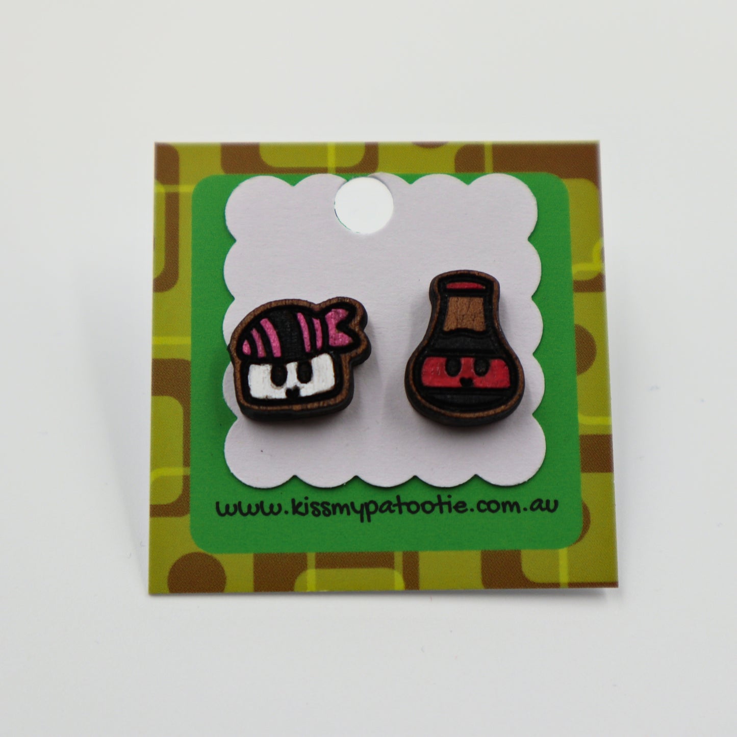 Sushi and soy sauce wooden earrings - hand painted