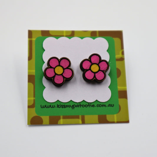Pink flower wood earrings - hand painted