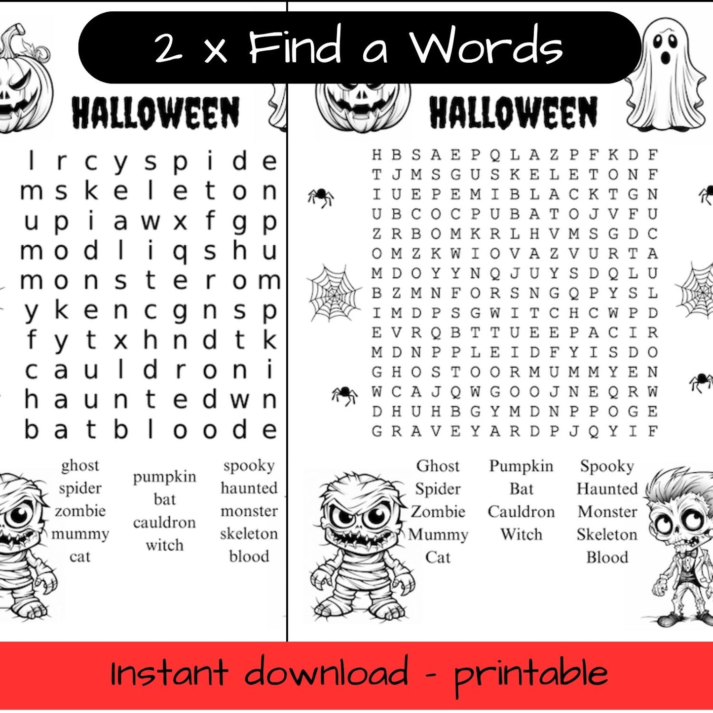 Printable Halloween colouring in word search / find a word