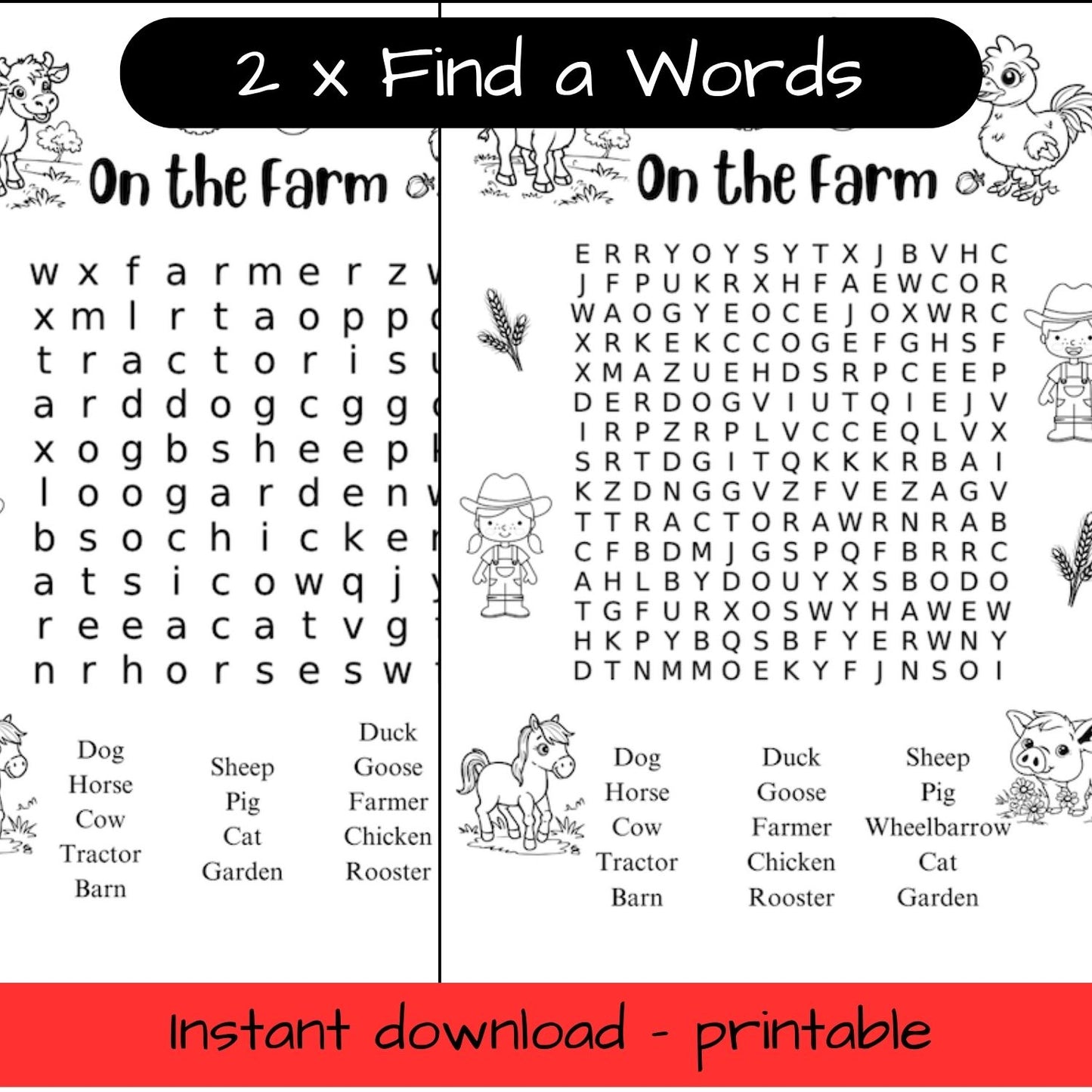 Printable Farm Animals colouring in word search / find a word