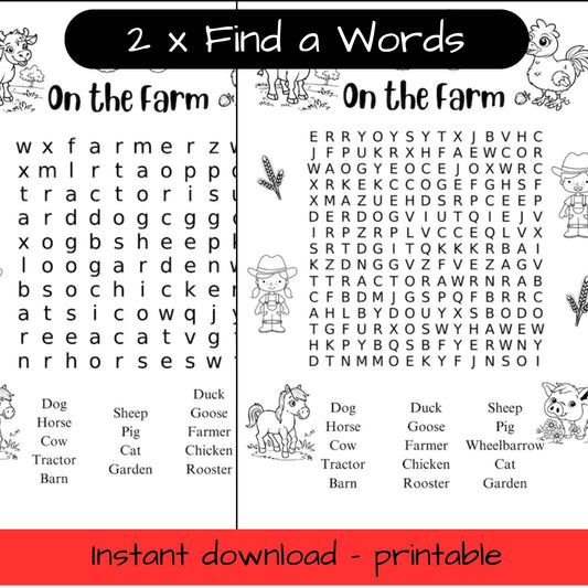 Printable Farm Animals colouring in word search / find a word