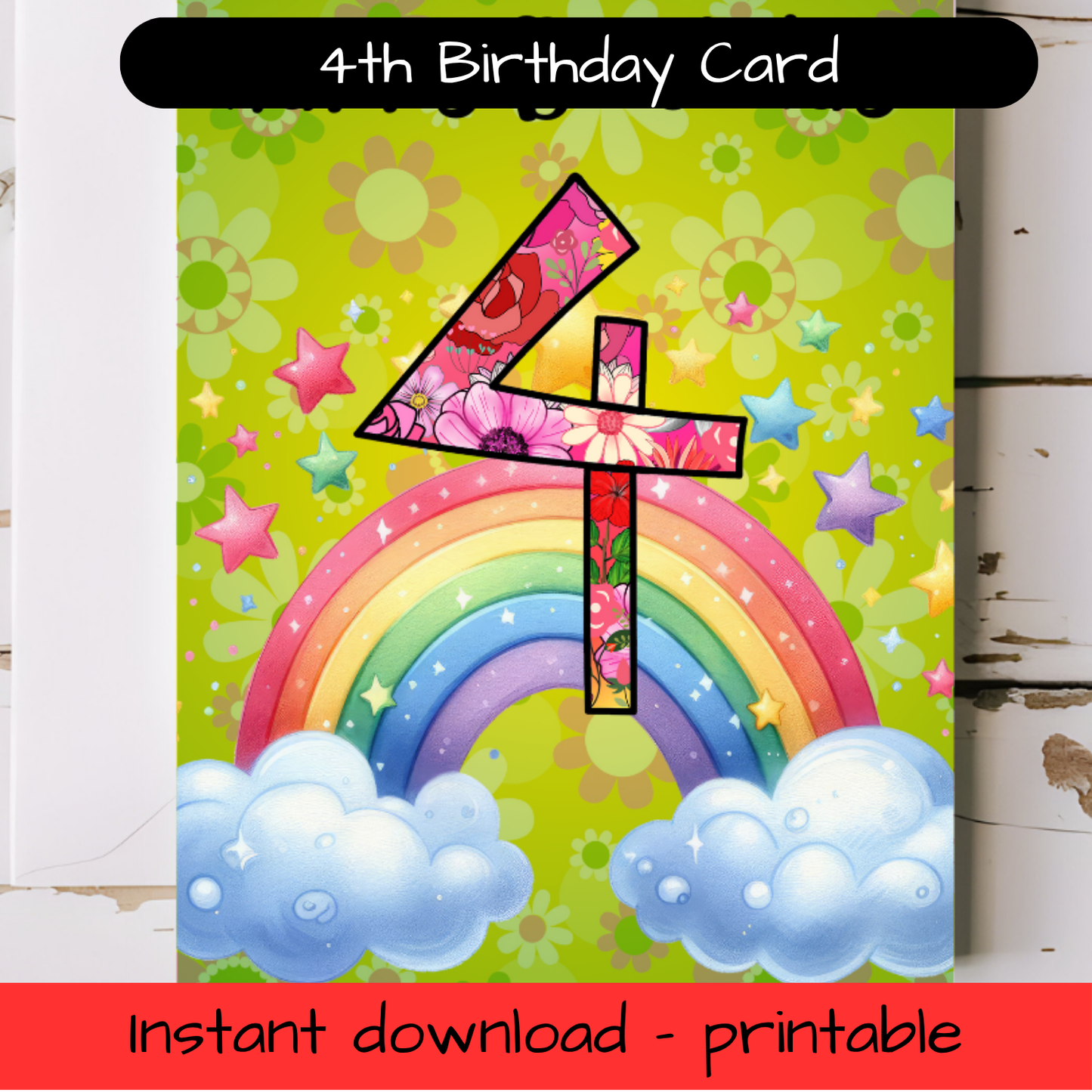 Birthday Greeting card with envelope - 4 years old - printable