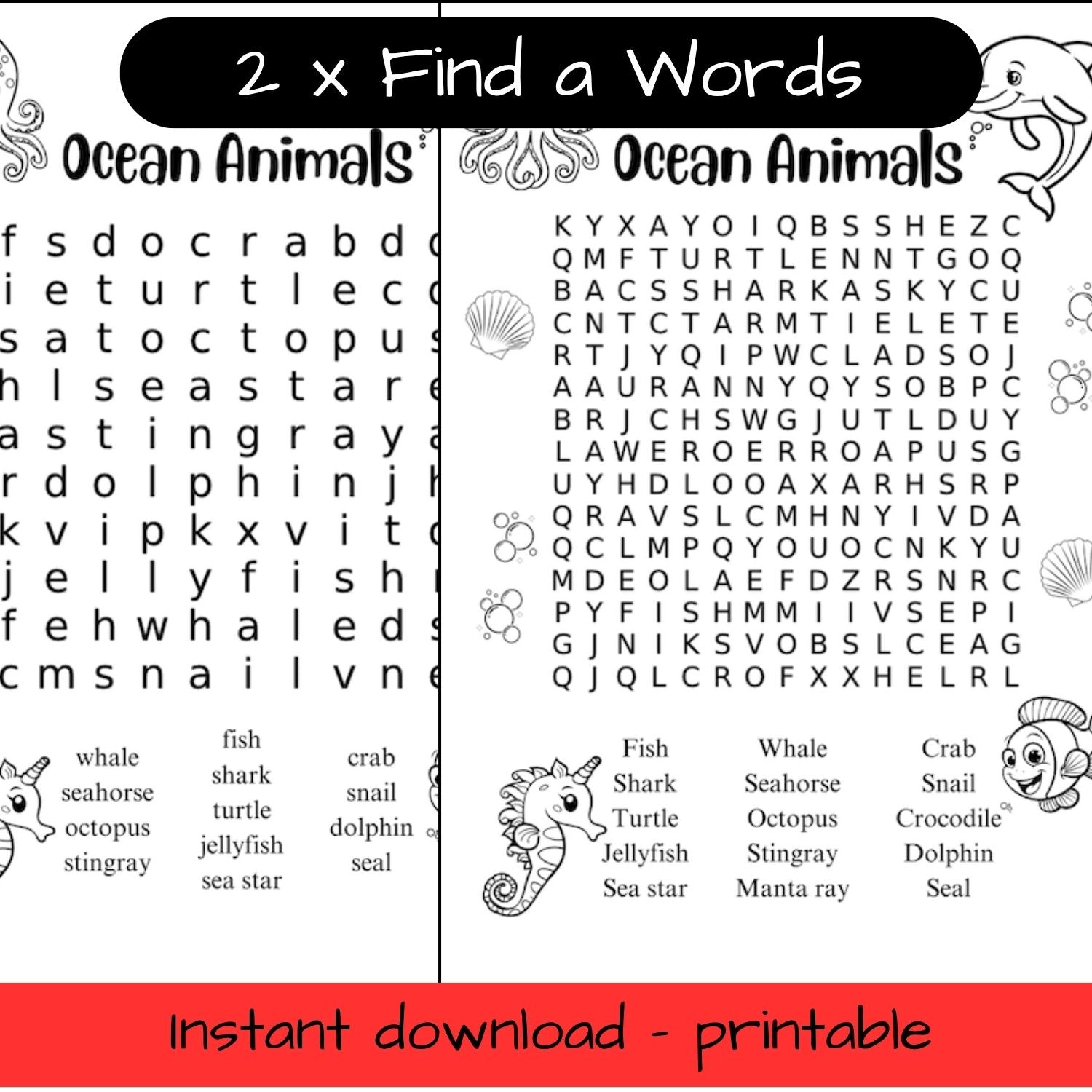 Printable Ocean Animals colouring in word search / find a word – Kiss ...