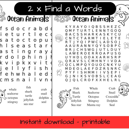 Printable Ocean Animals colouring in word search / find a word