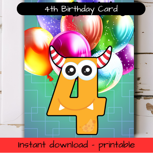 Birthday Greeting card with envelope - 4 years old - printable