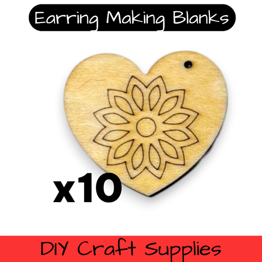 Wooden Heart Earring Blanks for DIY Jewellery Making, dangles - 10pc Laser Cut Pieces