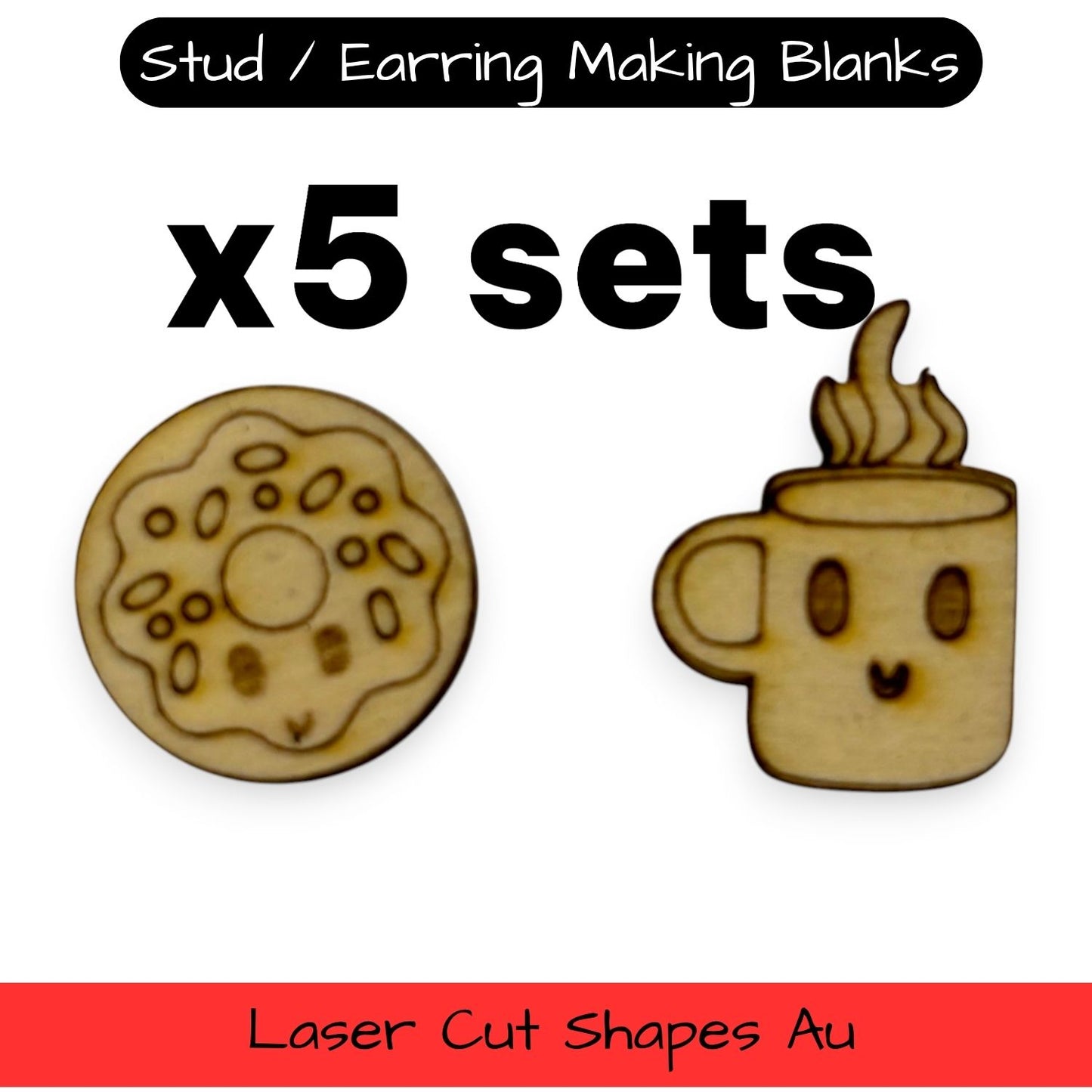 Wooden Food Earring Blanks for DIY Jewellery Making, scrapbooking - Studs - 10pc Laser Cut Set