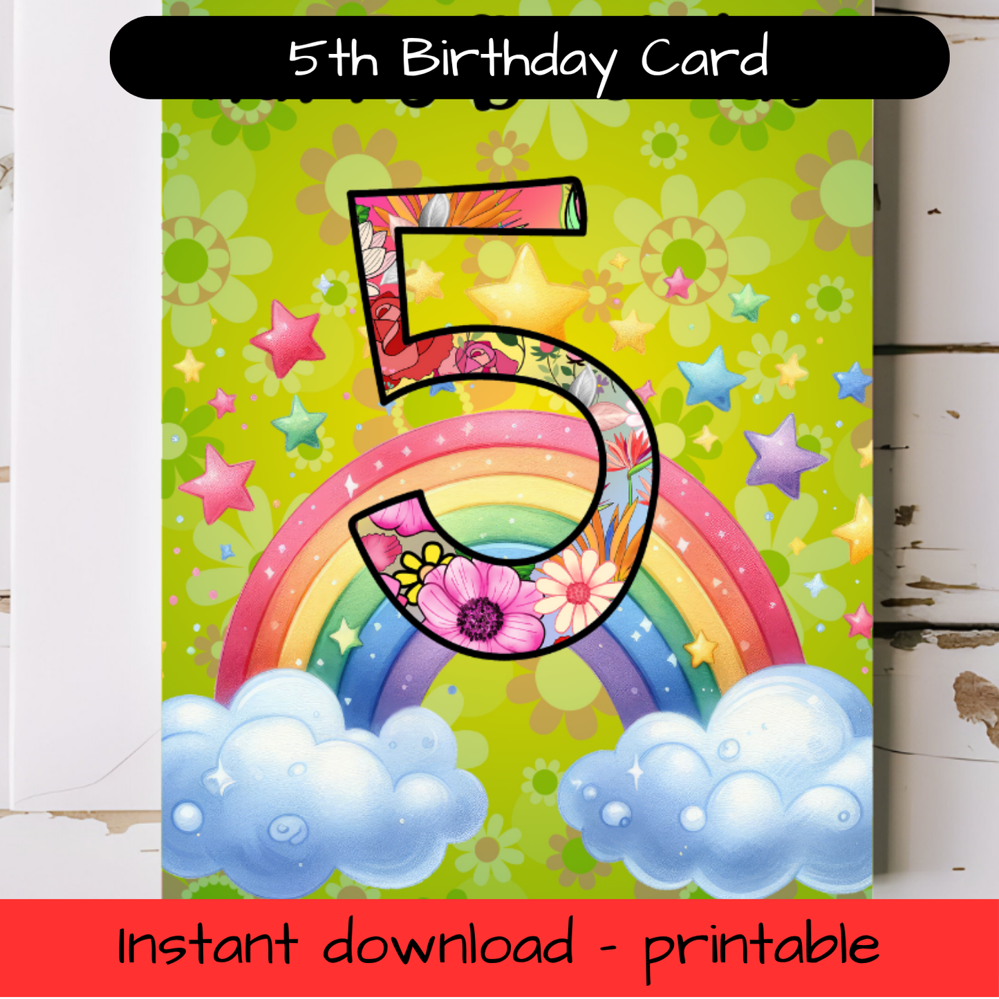 Birthday Greeting card with envelope - 5 years old - printable