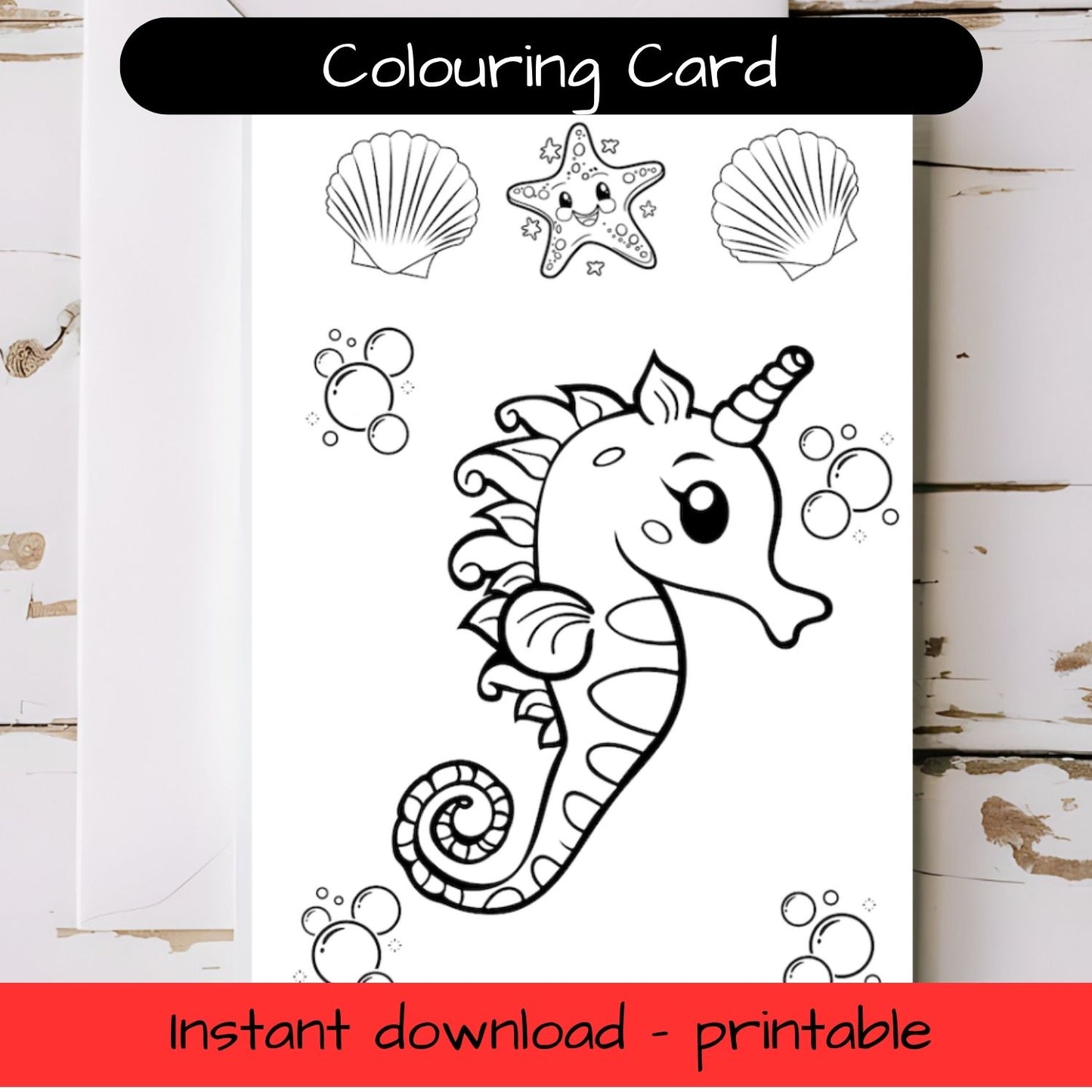 Seahorse greeting card with envelope - printable