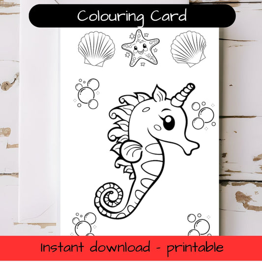 Seahorse greeting card with envelope - printable