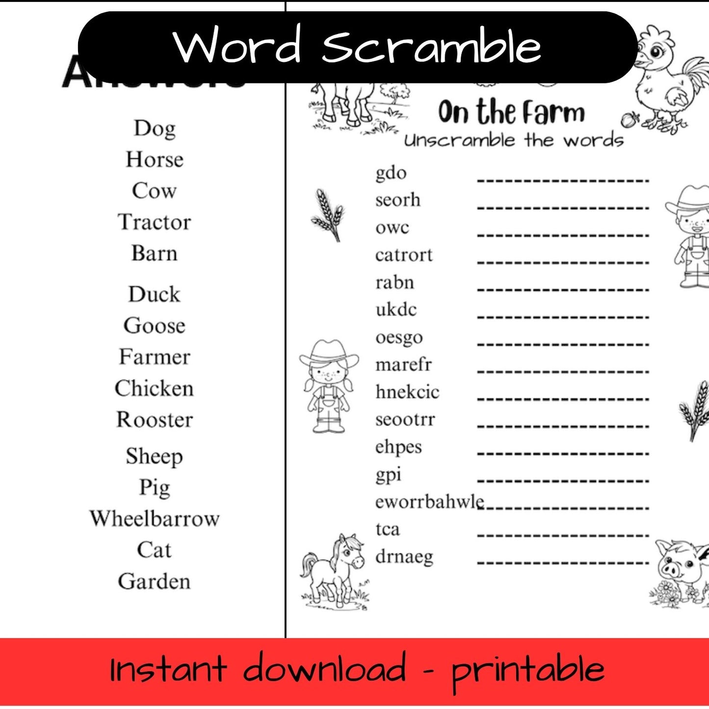 Printable farm animals colouring in word scramble