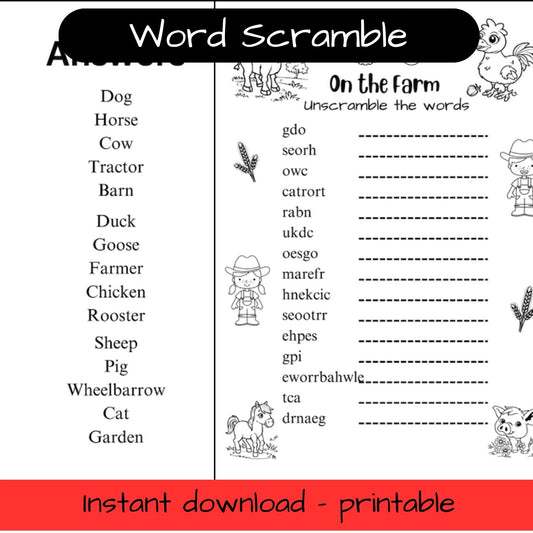 Printable farm animals colouring in word scramble