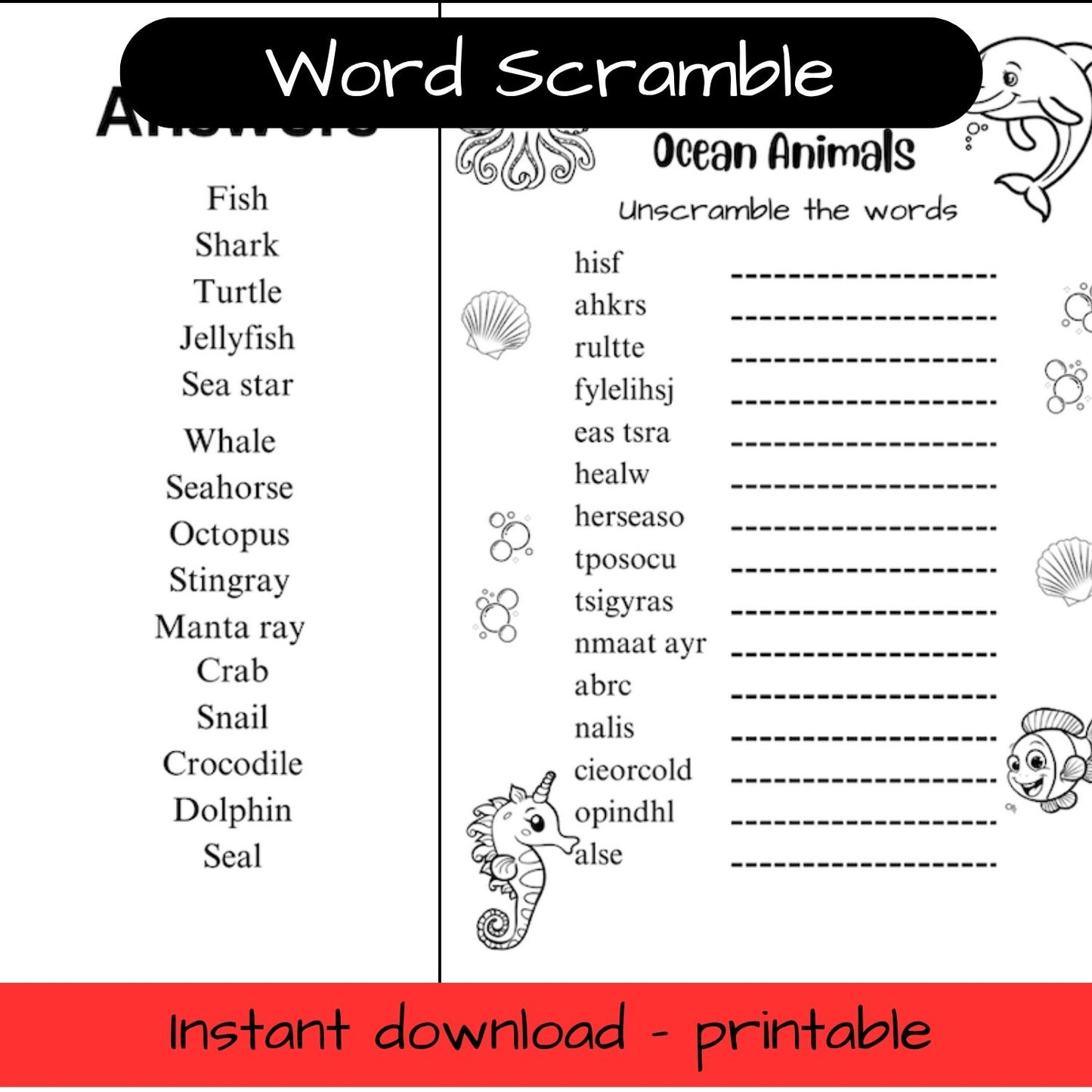 Printable ocean animals colouring in word scramble