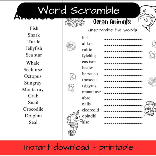 Printable ocean animals colouring in word scramble