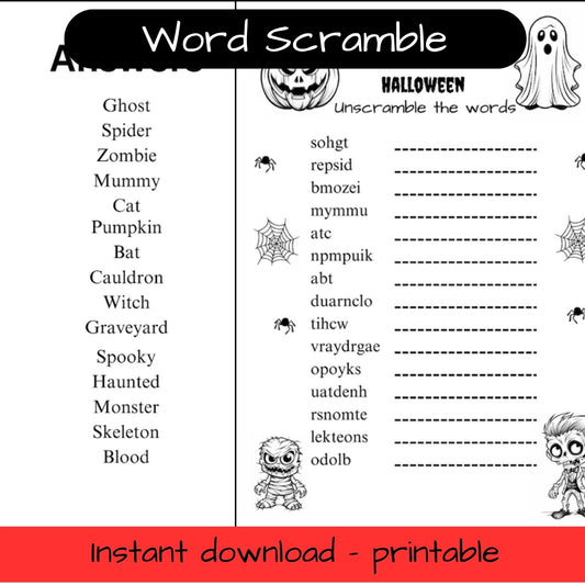 Printable Halloween colouring in word scramble