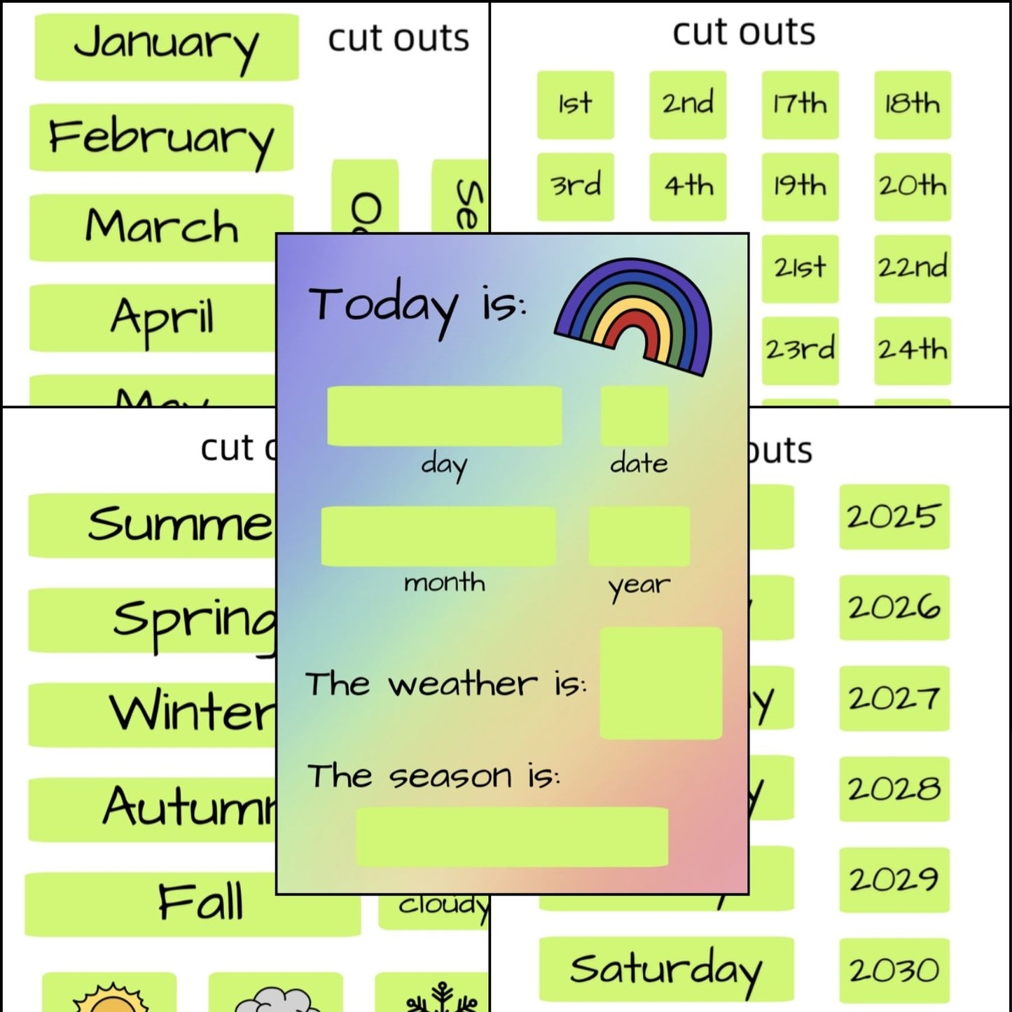Full set daily visual calendars - days, months, seasons, weather - poster