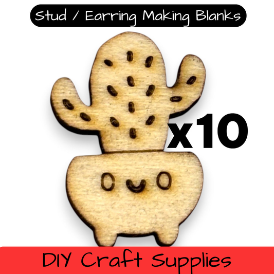 Wooden Cactus Earring Blanks for DIY Jewellery Making, scrapbooking - Studs - 10pc Laser Cut Pieces
